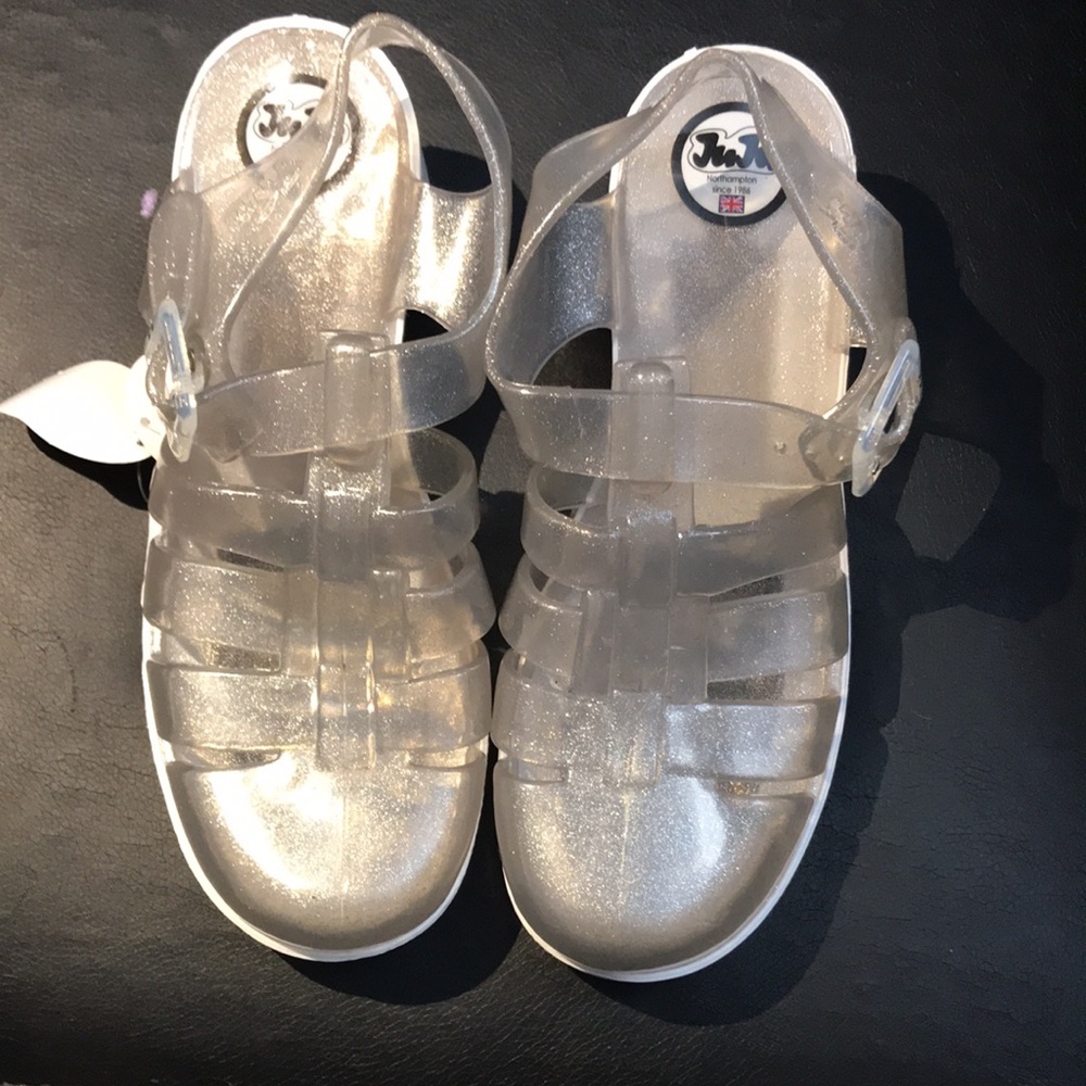 Jujus Chunky Silver Sparkle Jelly Heels with White Sole NWT